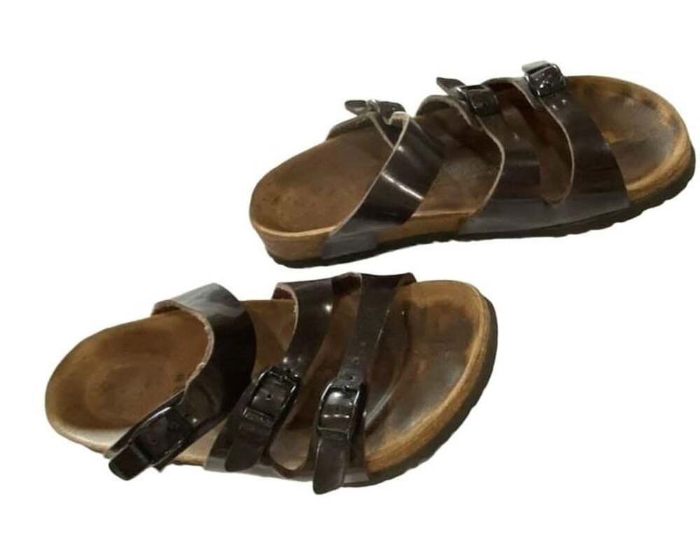 Birkis Brown Patent Leather Triple Strap Slide Sandals Size 39